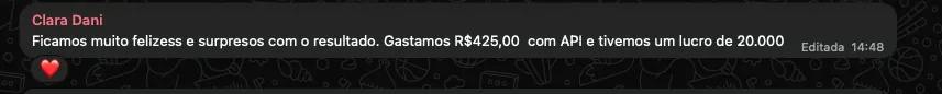 Print da mensagem de Clara Dani no grupo Acelerador Turbo sobre o resultado da recuperação por API.